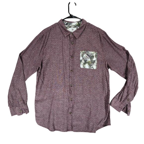 On The Byas Hawaiian Button Up Camp Shirt XL Men Red Green Leaves Long Sleeve - Picture 1 of 11